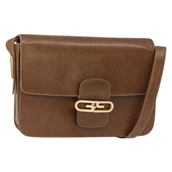 Authentic GUCCI Shoulder Bag Leather Brown Gold